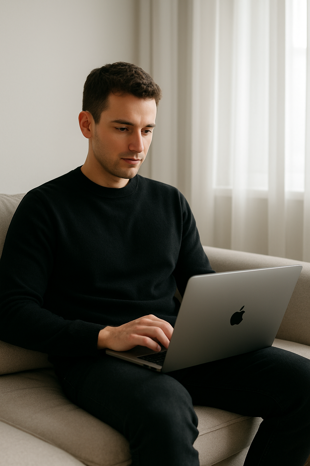 Jeune consultant IA assis sur un canapé, portant un pull noir et travaillant sur un MacBook, dans un intérieur lumineux et professionnel.