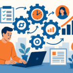 Illustration d’un entrepreneur travaillant sur ordinateur, entouré d’engrenages symbolisant l’automatisation des tâches, la productivité et la croissance en entreprise.