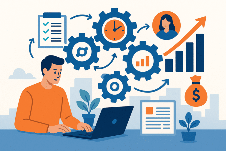Illustration d’un entrepreneur travaillant sur ordinateur, entouré d’engrenages symbolisant l’automatisation des tâches, la productivité et la croissance en entreprise.