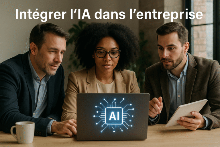 Trois professionnels d’horizons divers collaborent autour d’un ordinateur portable affichant une icône IA lumineuse, illustrant l’intégration de l’intelligence artificielle en entreprise dans un bureau moderne.