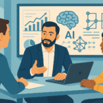 Illustration d’un consultant en intelligence artificielle expliquant une stratégie à deux collaborateurs autour d’une table, avec un écran affichant des graphiques, un cerveau stylisé et des schémas d’IA en arrière-plan.