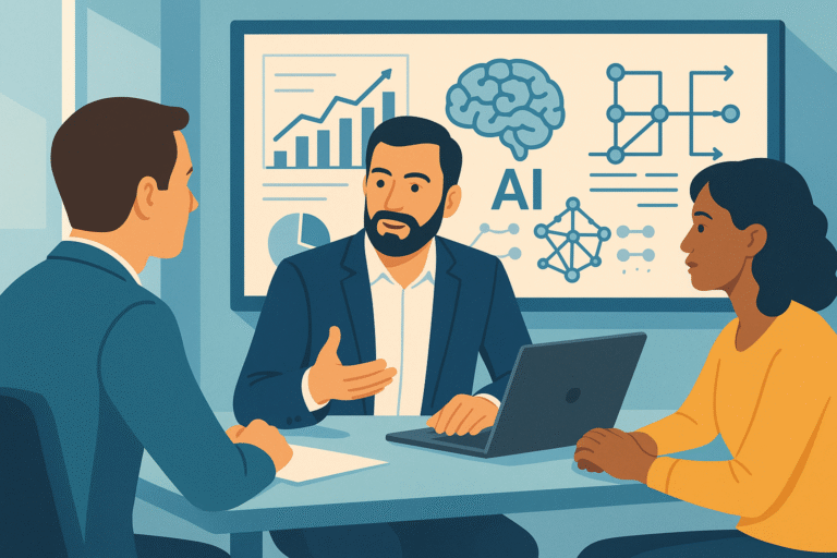 Illustration d’un consultant en intelligence artificielle expliquant une stratégie à deux collaborateurs autour d’une table, avec un écran affichant des graphiques, un cerveau stylisé et des schémas d’IA en arrière-plan.