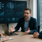Un consultant en intelligence artificielle présente une stratégie IA à deux collègues autour d’une table, avec un écran affichant des graphiques de données et des schémas neuronaux en arrière-plan.