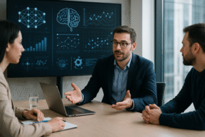Un consultant en intelligence artificielle présente une stratégie IA à deux collègues autour d’une table, avec un écran affichant des graphiques de données et des schémas neuronaux en arrière-plan.