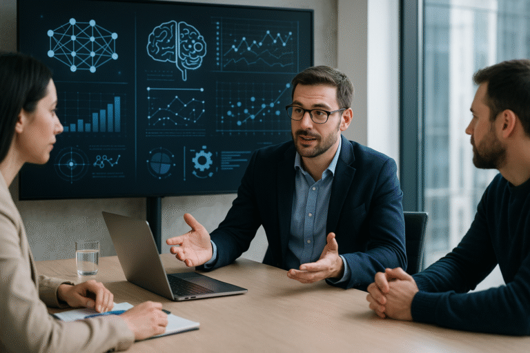 Un consultant en intelligence artificielle présente une stratégie IA à deux collègues autour d’une table, avec un écran affichant des graphiques de données et des schémas neuronaux en arrière-plan.
