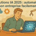 Illustration au style dessiné d’un entrepreneur utilisant un ordinateur affichant un logo IA, avec des éléments de robotique et d’automatisation en arrière-plan, représentant la facilité d’automatiser son entreprise grâce aux solutions IA en 2025.