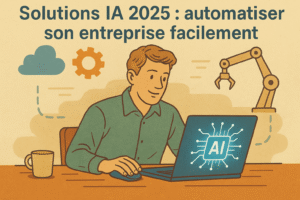 Illustration au style dessiné d’un entrepreneur utilisant un ordinateur affichant un logo IA, avec des éléments de robotique et d’automatisation en arrière-plan, représentant la facilité d’automatiser son entreprise grâce aux solutions IA en 2025.