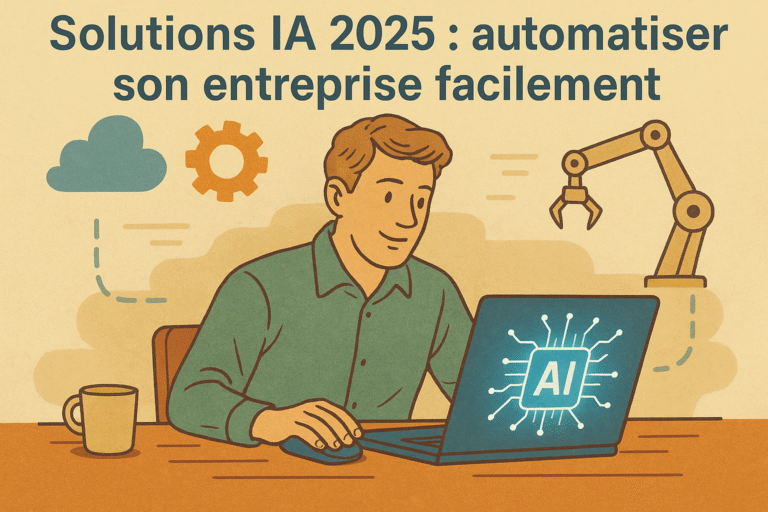 Illustration au style dessiné d’un entrepreneur utilisant un ordinateur affichant un logo IA, avec des éléments de robotique et d’automatisation en arrière-plan, représentant la facilité d’automatiser son entreprise grâce aux solutions IA en 2025.